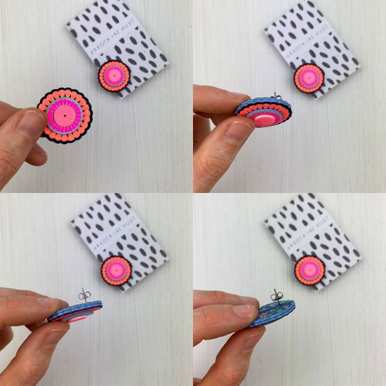 Four images show the same pink fabric stud earring being turned on it's side to show the reverse side, backed with vintage fabric.