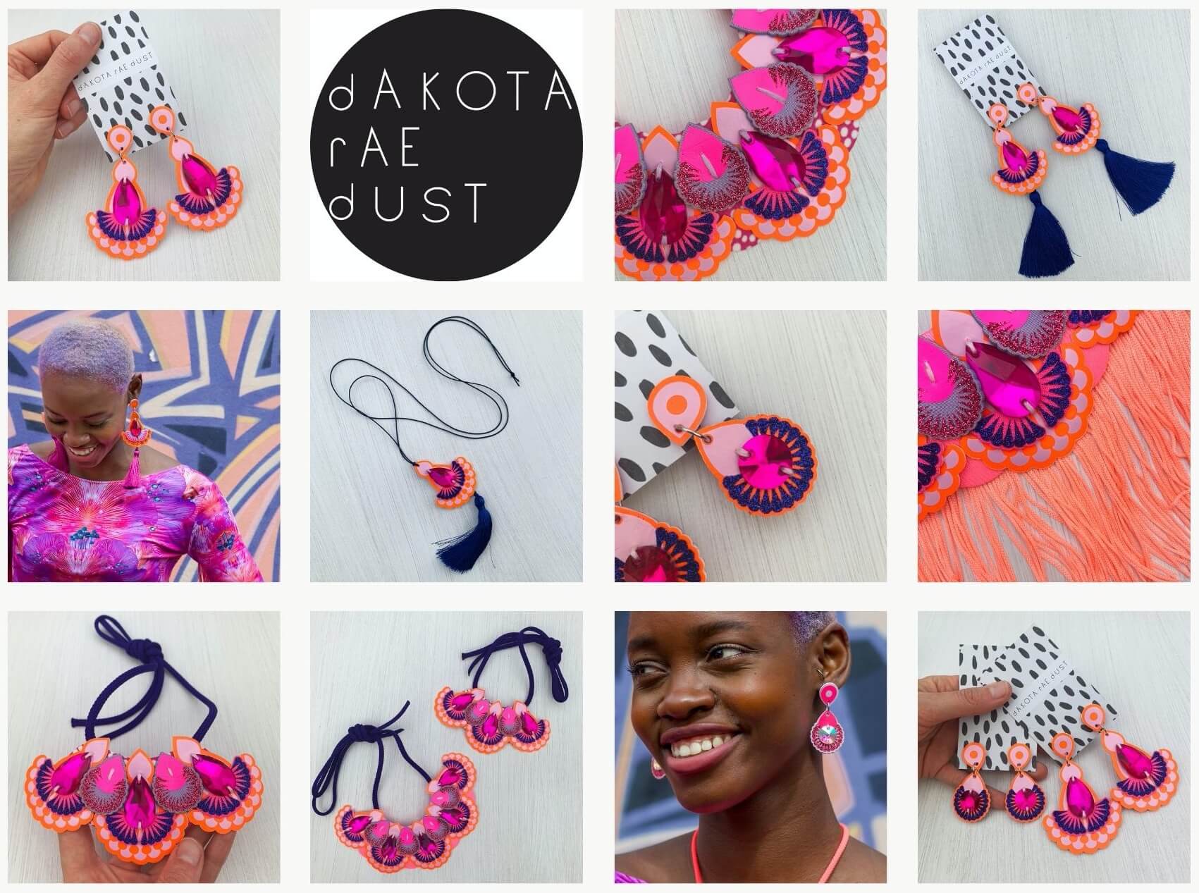 A grid of 4 x 3 colourful photographs of jewellery from dakota rae dust's latest pink and orange textile jewellery collection. 