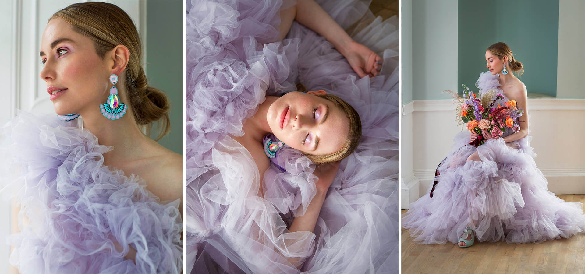 a row of three photographs of a white female model wearing a voluminous lilac dress and a pair of lilac and light blue statement jewel earrings by dakota rae dust