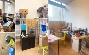 Four images showing a white walled studio space from a variety of angles. Shelving, a desk, big windows, many boxes yet to be unpacked and a hand painted yellow chair