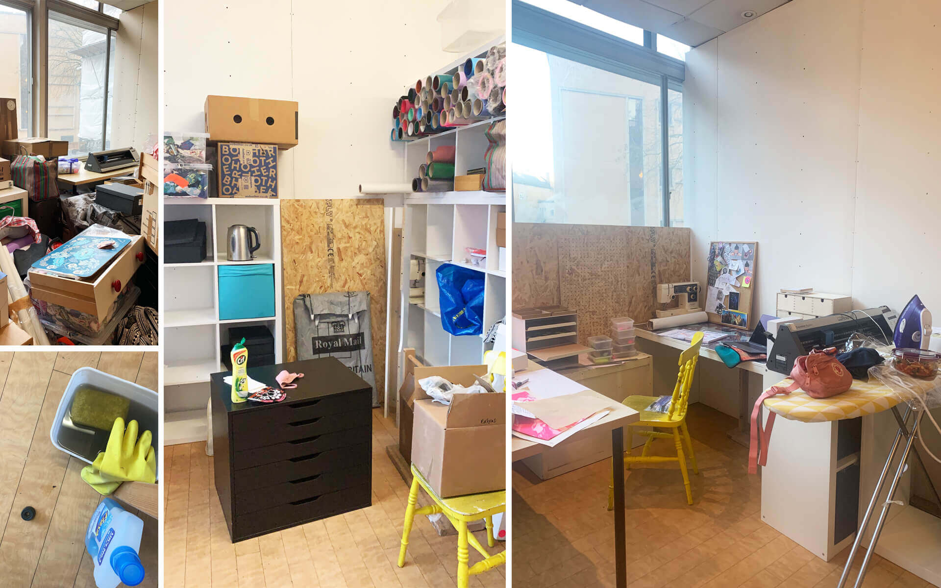 Four images showing a white walled new studio space from a variety of angles. Shelving, a desk, big windows, many boxes yet to be unpacked and a hand painted yellow chair