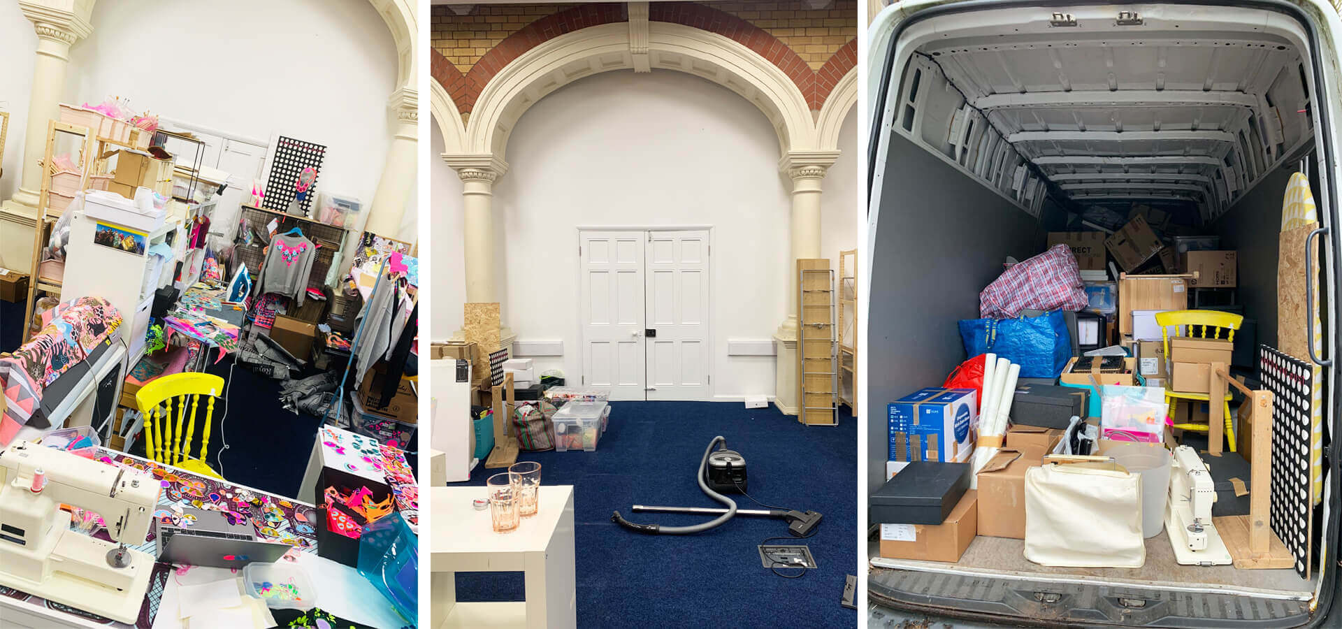Three images. The first shows a creative studio space including a very cluttered desk and bright yellow chair. The second shows the same space almost empty apart from a hoover and some shelves. The third shows all the items from the first photo, including the yellow chair packed into the back of a removal van.