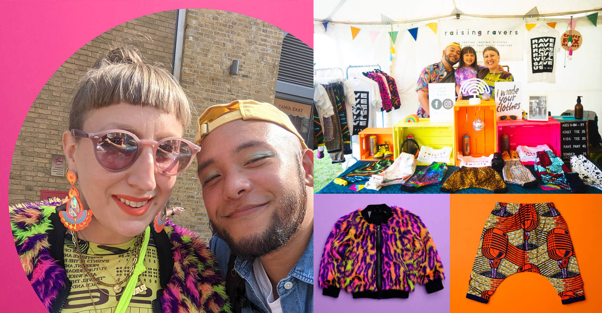 A collection of photographs. A the left A woman with a short fringe and sunglasses stands next to A man wearing a bright yellow backwards cap. Both are smiling in the sunshine. On the right the same couple and a yound girl stand behind a colourful table covered in bright children's clothing. Below this image are two photos with plain bright coloured backgrounds of a fluorescent animal print fur kids bomber jacket and a boldly patterned pair of kids trousers