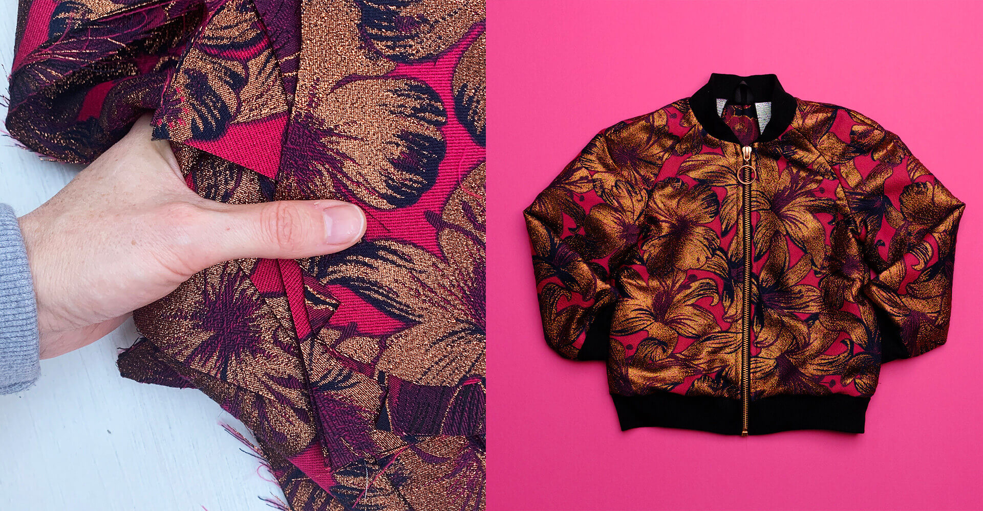 Two photos. On the left a close up of some deep pinky red and metallic copper floral brocade fabric held in a wonan's hand for scale. On the right a kids bomber jacket cut from the same floral fabric with a pink background.
