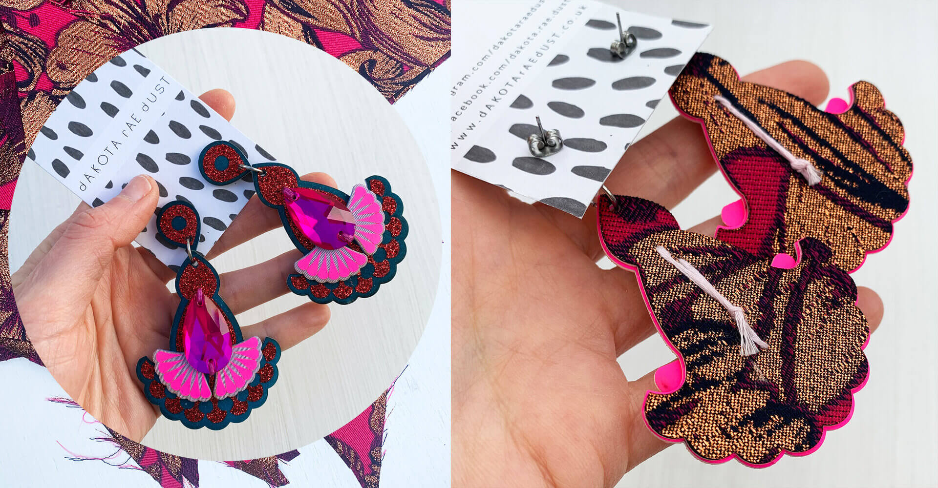On the left a circular image of some pink jewel earrings is placed on top of a close up photograph of some deep pink and copper floral brocade fabric. On the right a pair of earrings are held in a woman's hand. The backs of the earrings are facing the camera and are covered in the same floral fabric.