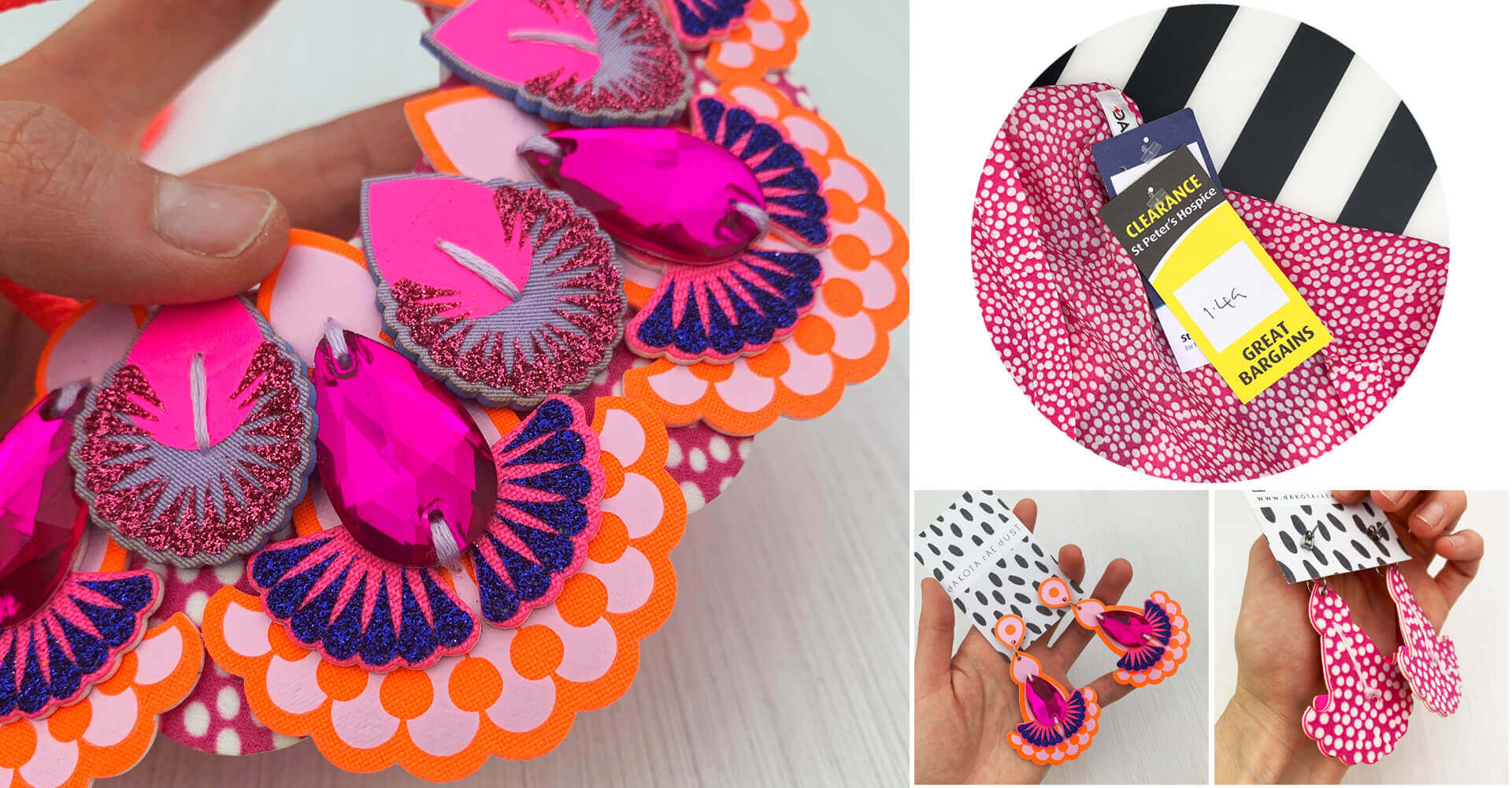 This image is made up of four photographs. On the left a close up of a bright orange and pink, ornately decorative bib necklace. On the right a circlular shaped photograph of the pink polka dot fabric seen in the necklace with a charity shop, discounted price tag attached. Below that are two images of a pair of earrings in teh same style and colour palette, one from the front and one from behind. They also feature the pink polka dot fabric