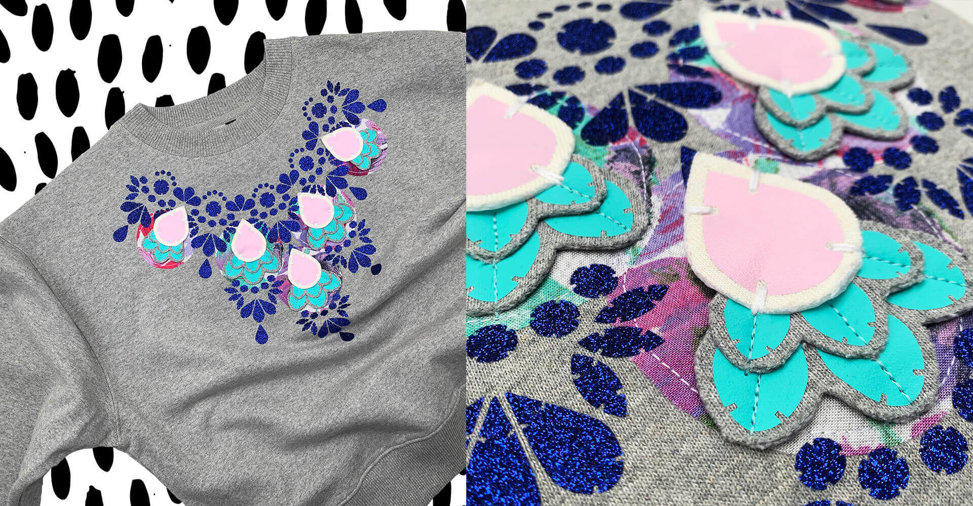 Two photos of a grey sweatshirt with glittery blue, turquoise and lavender embellishments. The right hand photo is a close up and shows the textured details while the image on the left shows more of the full garment