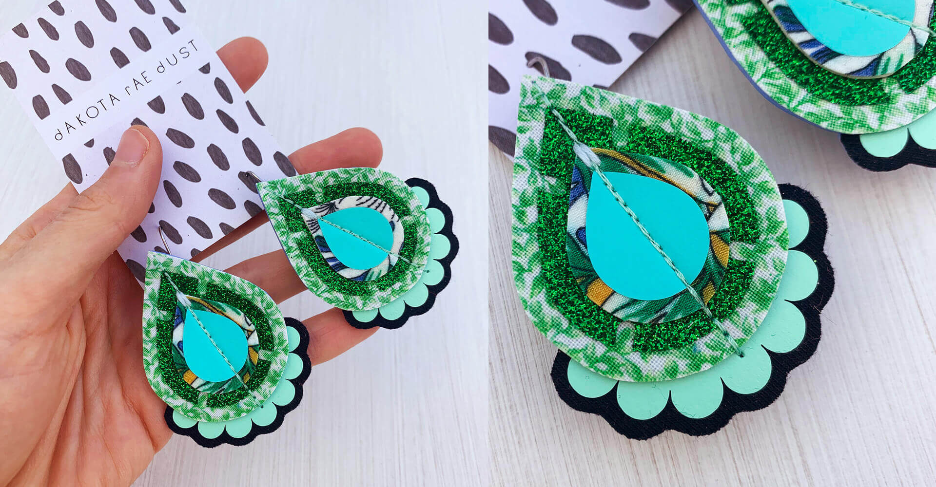 Two photos of a pair of teardrop shaped, green fabric earrings. The image on the left shows the earrings mounted on a patterned, dakota rae dust branded card, held in a woman's hand. The image on teh right is a close of of one of the earrings including details of the row of stitch holding the two vintage floral fabric teardrop shapes in place.