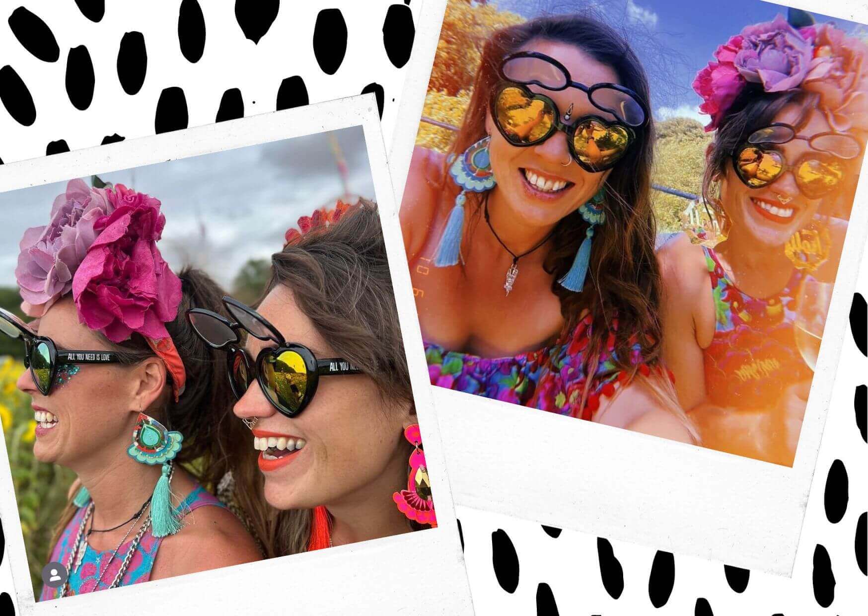 Two polaroid photos sit on a black and white patterned background. Both photos feature two smiling women wearing floral headdresses, heart shaped sunglasses and colourful statement tassel earrings