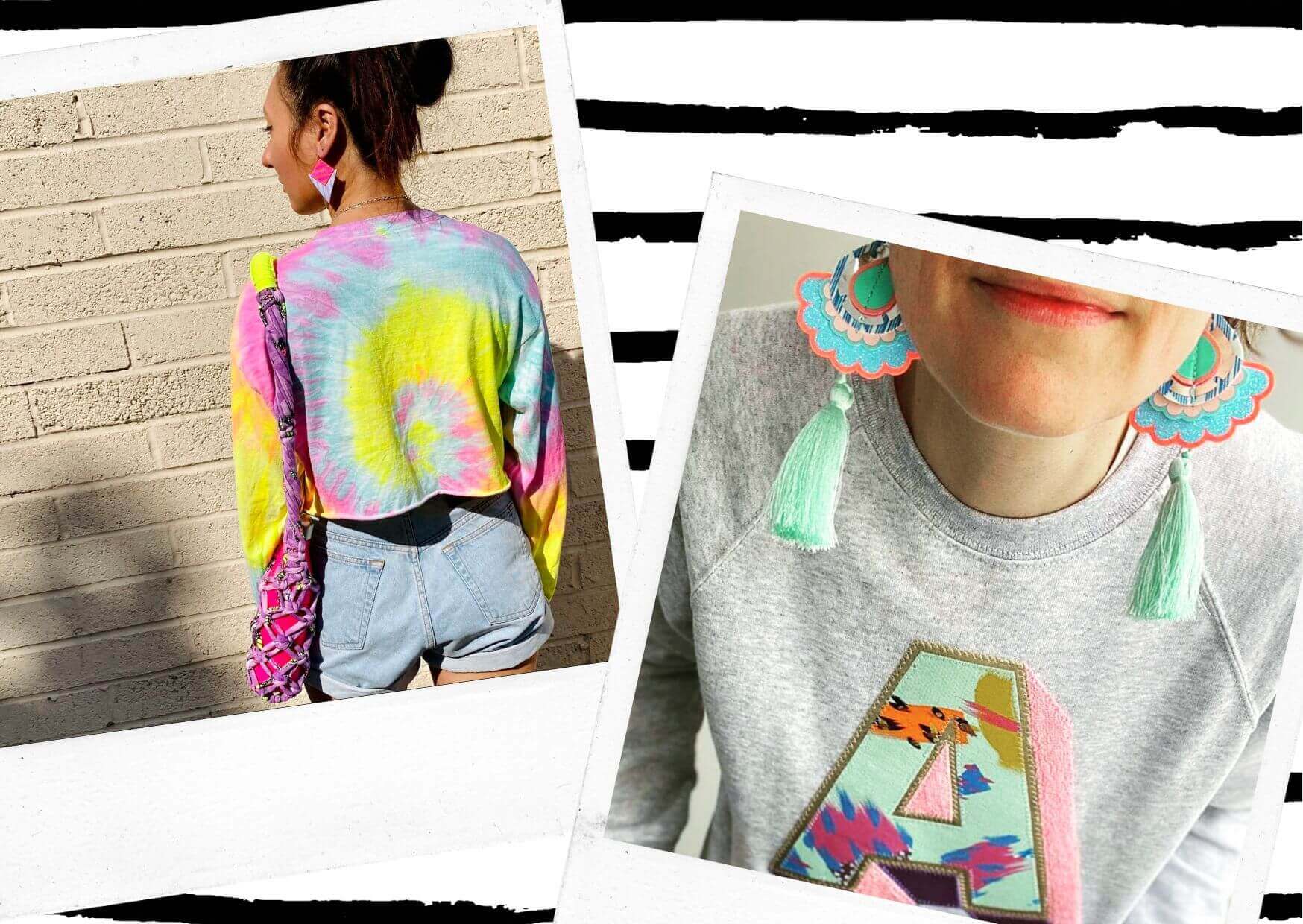 Two polaroid photos sit on a black and white patterned background. The photo on the left features a woman wearing a colourful tie dye t-shirt and graphic stripe earrings, standing with her back to the camera. The photo on the right is a close up of the lower half of a woman's face and chest. She is wearing a grey sweatshirt with a patterned letter A and some minty green statement tassel earrings