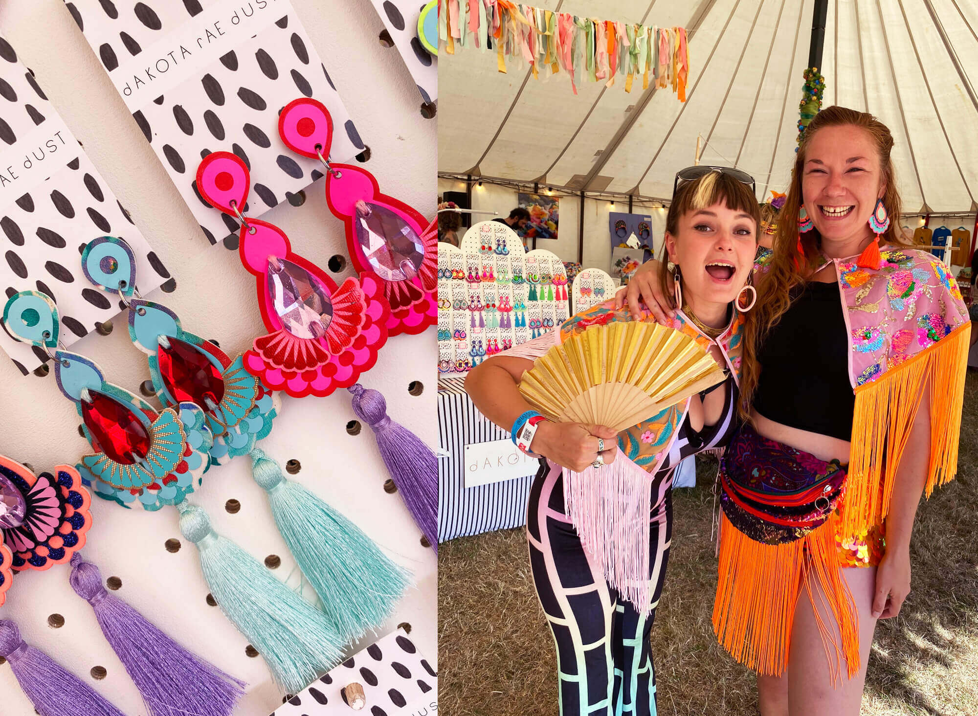 Two photos side by side. On the left a close up of a white pegboard displaying some colourful tassel earrings and festival jewellery. On the right two women standing side by side in colourful festival clothing smile at the camera. One is waving a fan and behind them is a colourful jewellery stall in a festival marquee.