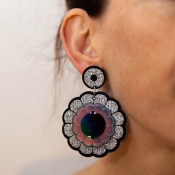 A close up of a woman's neck and ear focusing on her oversize flower motif earrings
