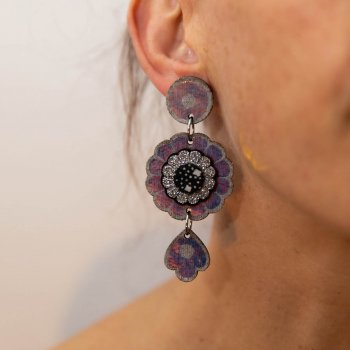 A close up of a woman's ear and neck focusing on her iridescent dangly charm earrings