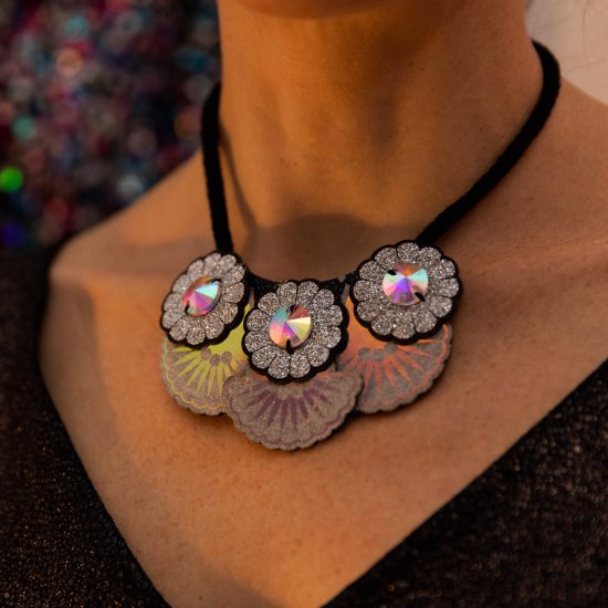 A iridescent and glittery bib necklace