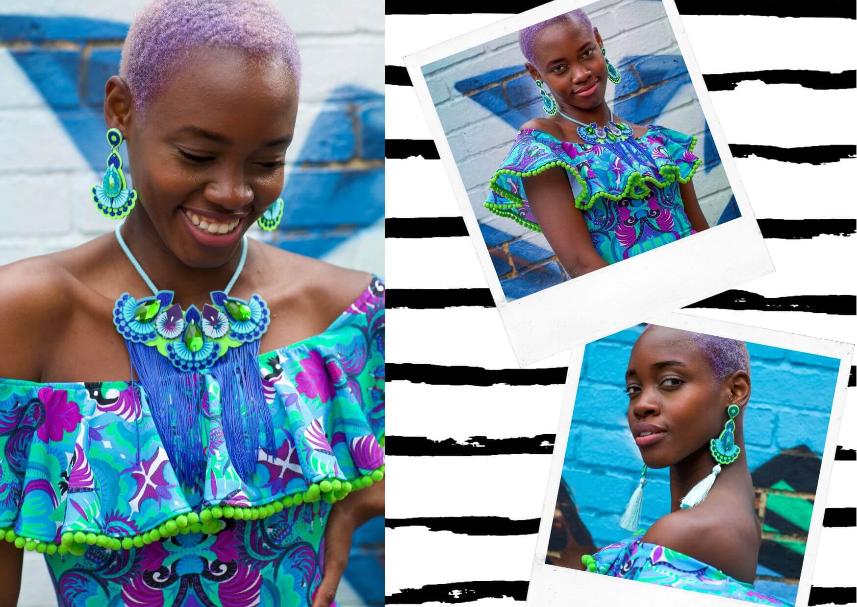 Three photos (two polaroid look frames) are scattered at jaunty angles on a white background with black hand drawn looking stripes. All three images are of a young black woman with cropped lilac hair. She wears a turquoise and purple brightly patterned, off the shoulder body suit with a floppy, pom pom trimmed frill and a statement bib necklace and earrings in similar colours. She is smiling, posing for the camera.