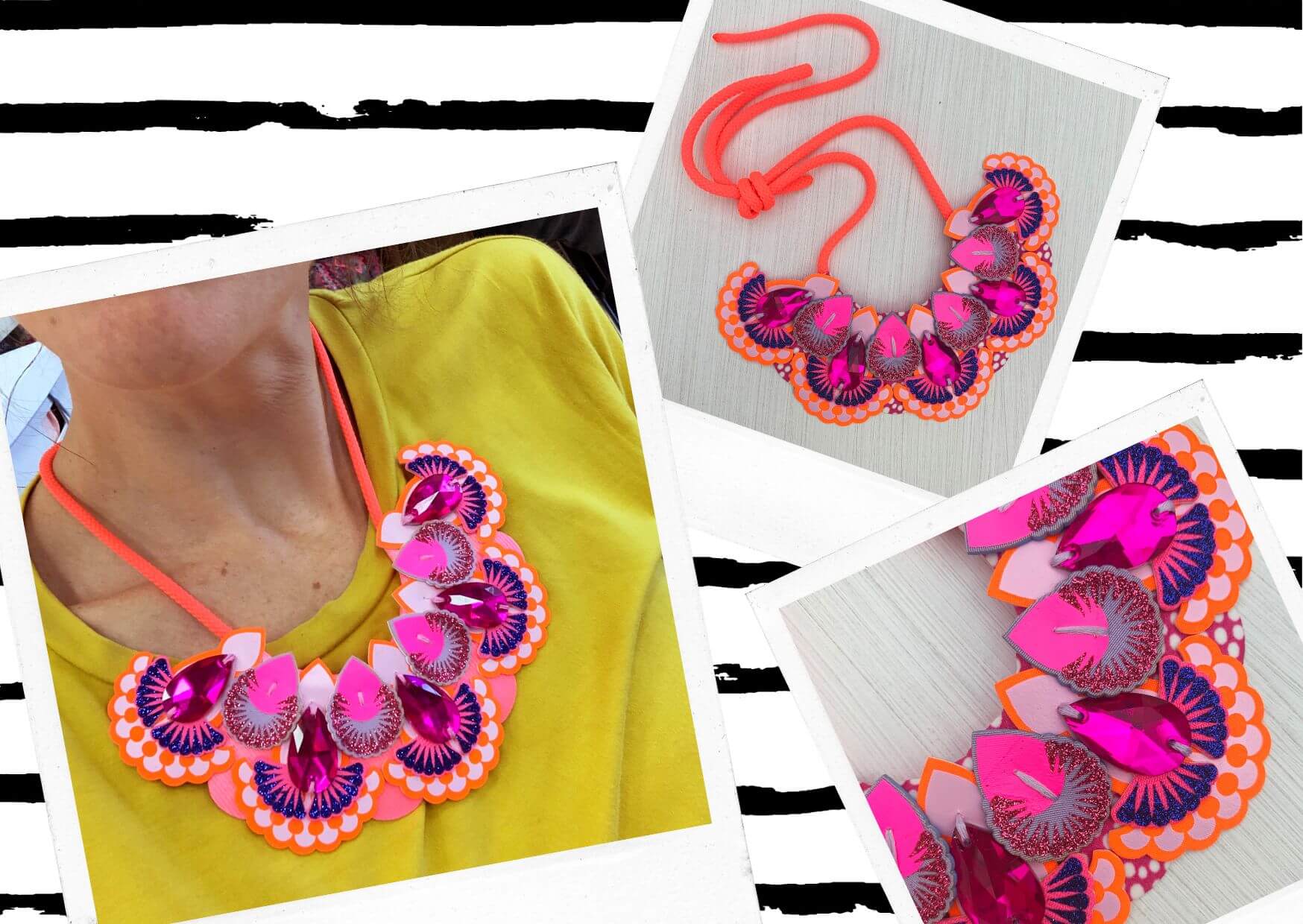 Three polaroids are scattered at jaunty angles on a white background with black hand drawn looking stripes. All three images are of a bright pink and orange statement bib necklace with pink jewels. In one image the necklace is being worn by a woman in a bright yellow t-shirt.