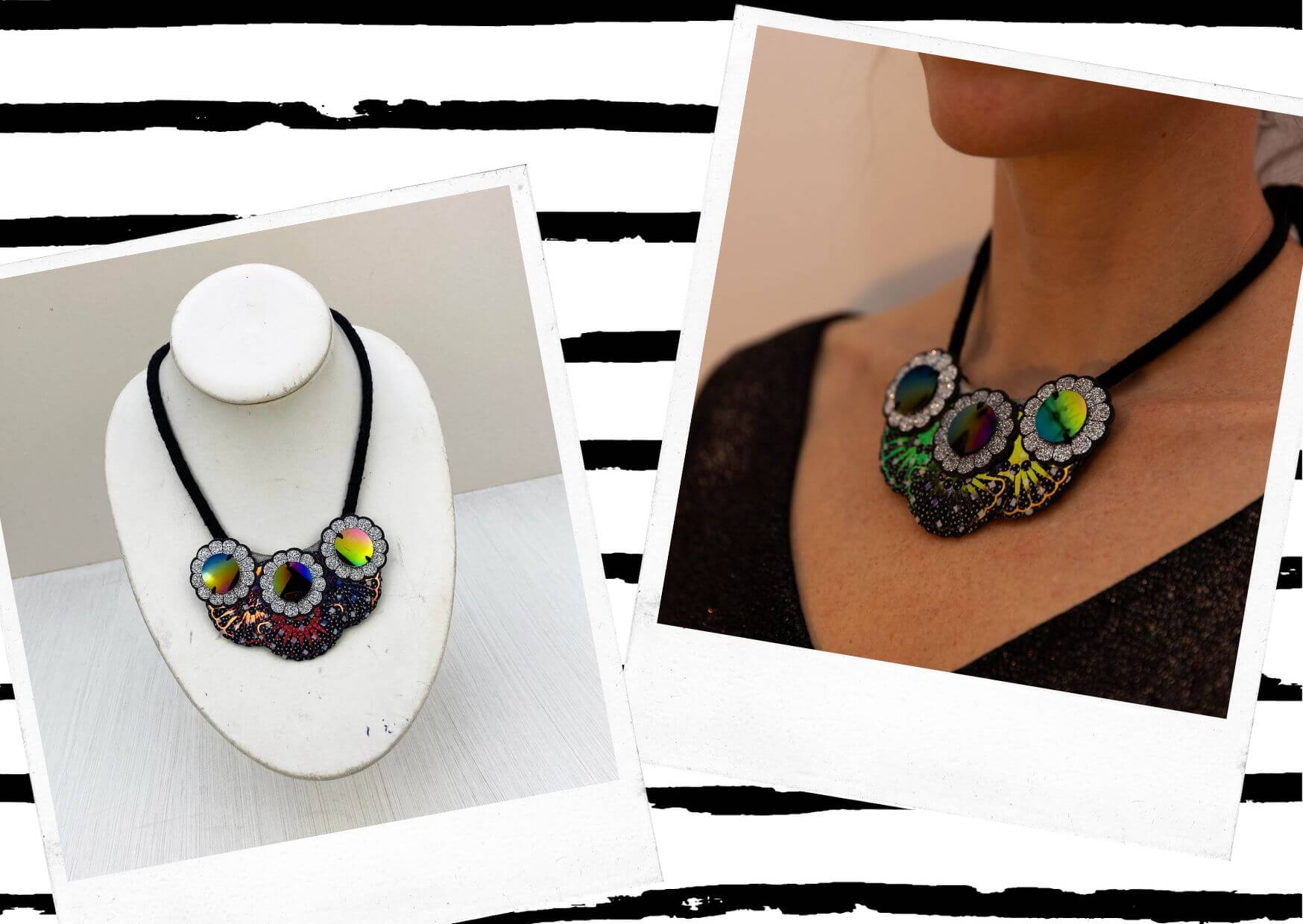 Two polaroids are scattered at jaunty angles on a white background with black hand drawn looking stripes. Both images are of a black, silver statement bib necklace adorned with petrol look discs. In one image the necklace is being worn by a woman wearing a low cut dark coloured top and in the other it is displayed on a white mannequin neck.
