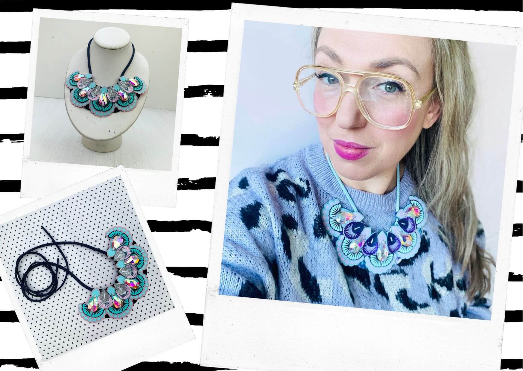 Three polaroids are scattered at jaunty angles on a white background with black hand drawn looking stripes. All three images are of a lilac and light blue statement bib necklace with iridescent jewels. In one image the necklace is being worn by a woman wearing a lilac animal print sweater.