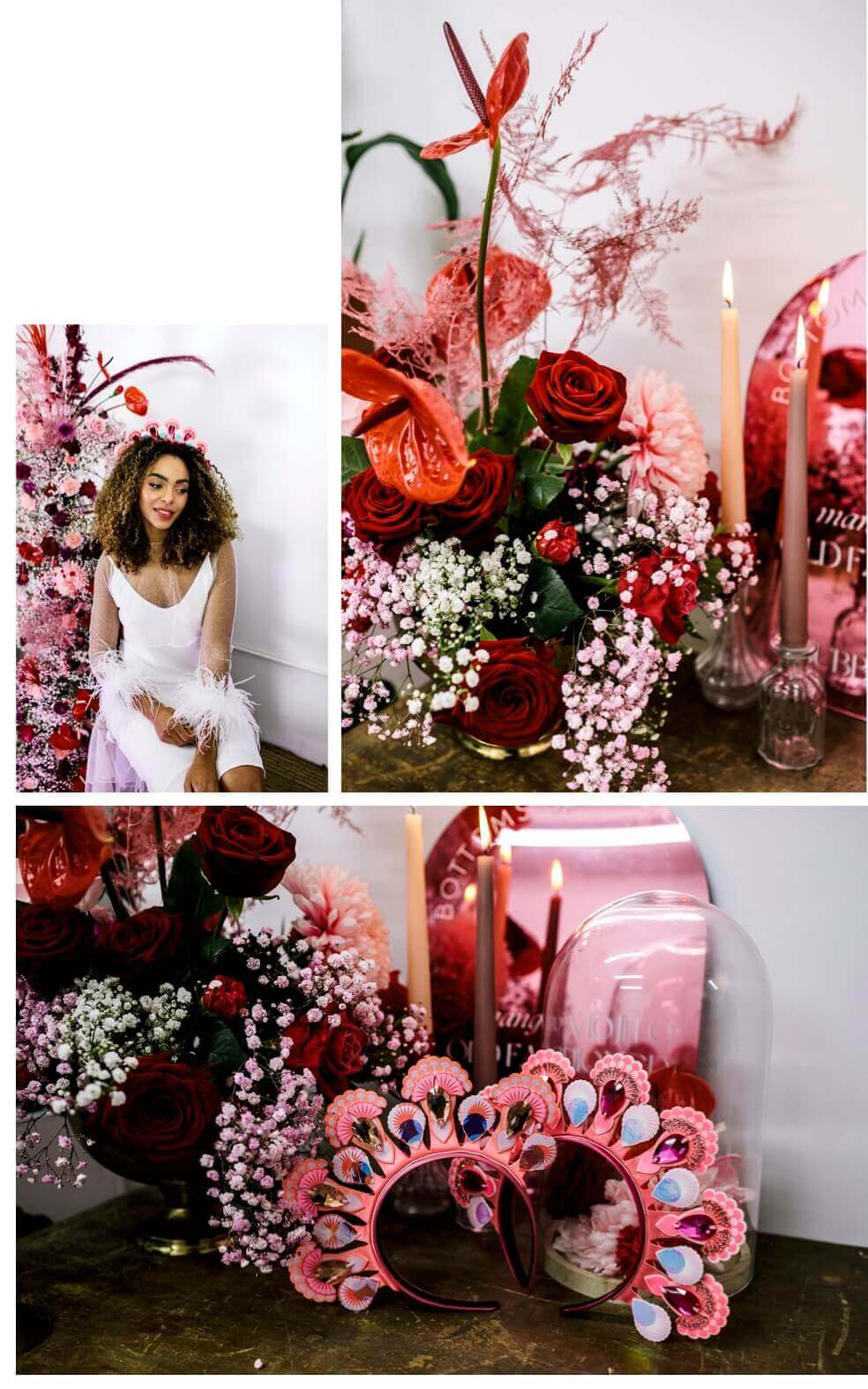 A group of three photos. Two still life style images of a bouquet of red and pink flowers, a pink mirror etched with text, candles and a pair of jewelled headdresses. The third shows a smiling bride in a white wedding dress sitting next to a larger floral display in the same colours. 