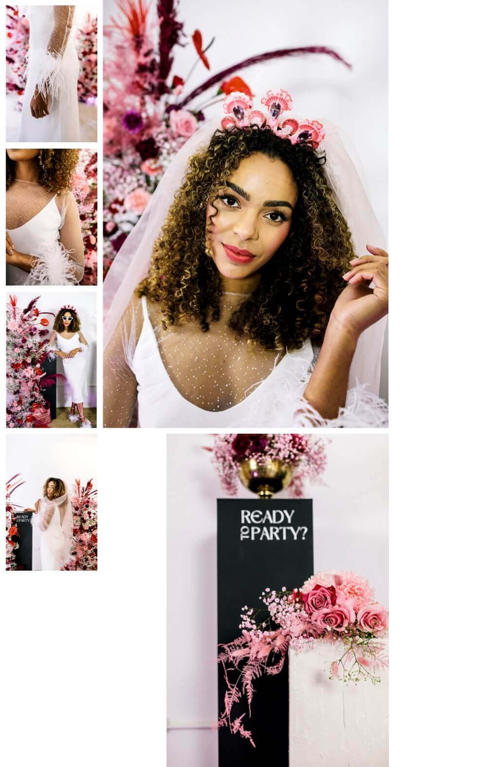 a selection of photos showing a bride in a white wedding dress posing next to a dramatic pink floral display against a white background